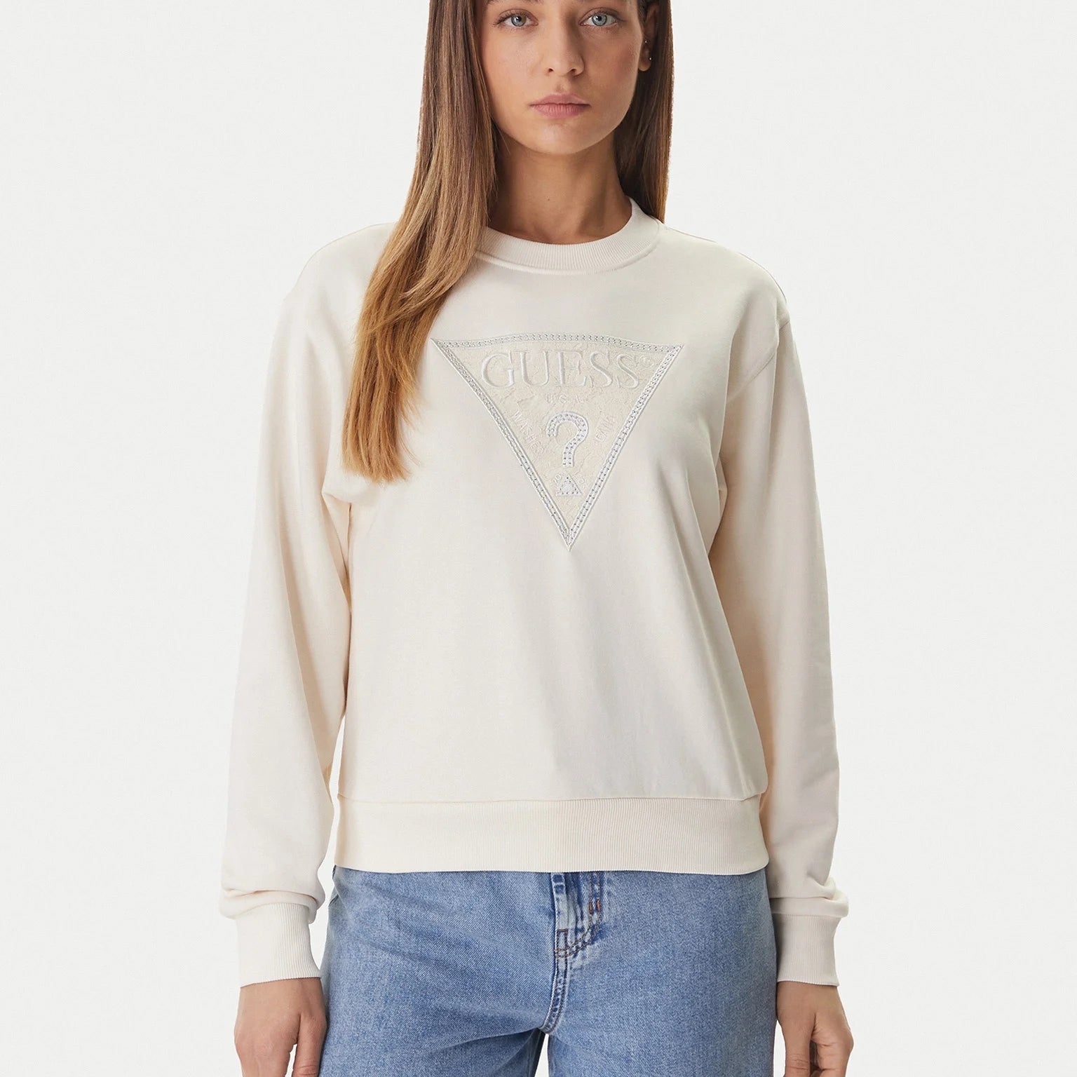 Guess Felpa Manica Lunga con Logo Beige