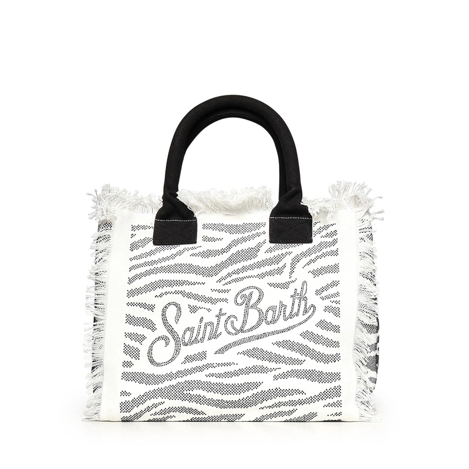 MC2 SAINT BARTH Borsa Vanity Strass Zebra in Canvas con Frange Bianco Nero