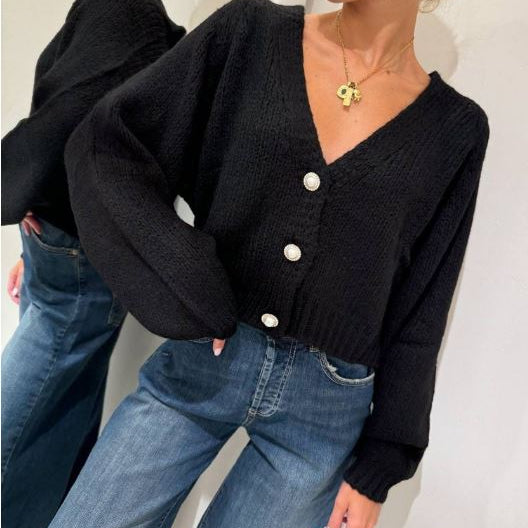 Haveone Cardigan Bottoni Gioiello Nero
