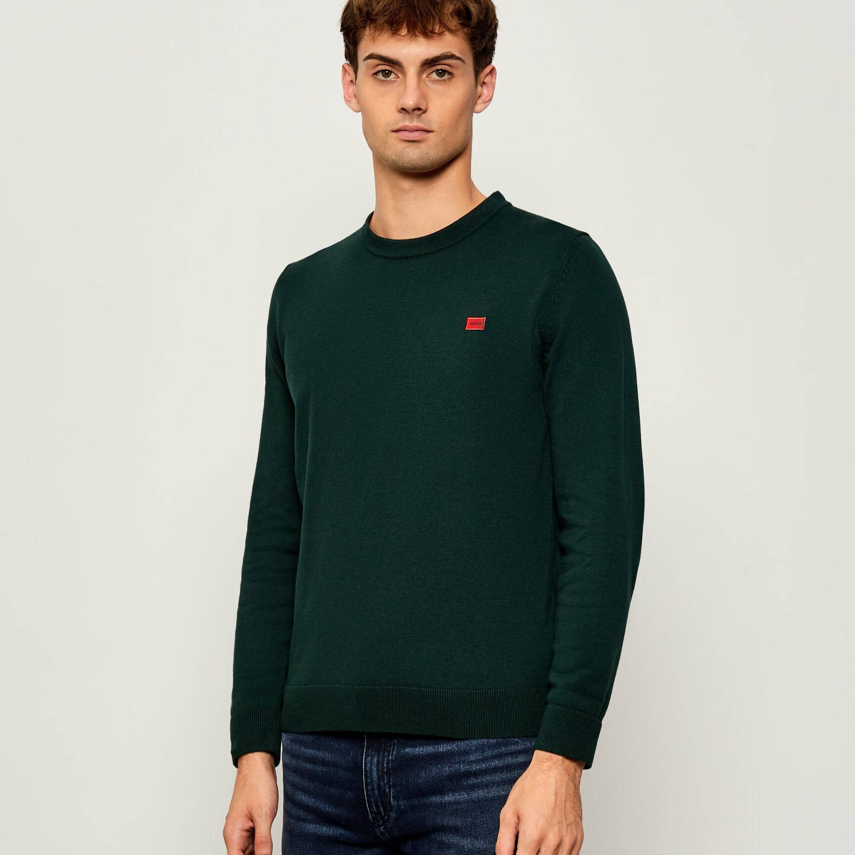 HUGO Maglia Maglione in Cotone con Etichetta con Logo Rossa