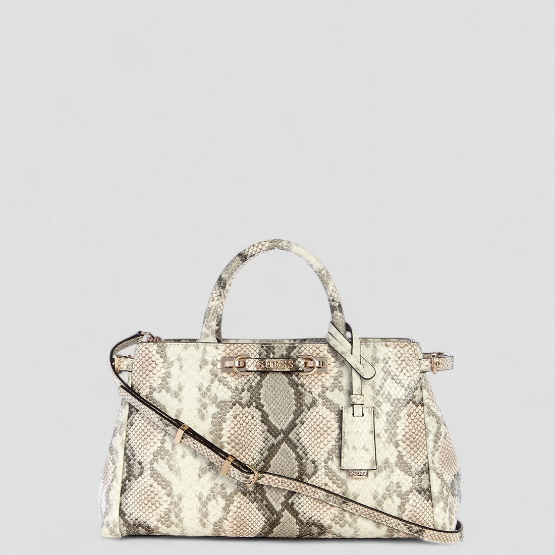 Guess Borsa a Mano con Tracolla di Lusso Lefia Stampa Serpente Bianco