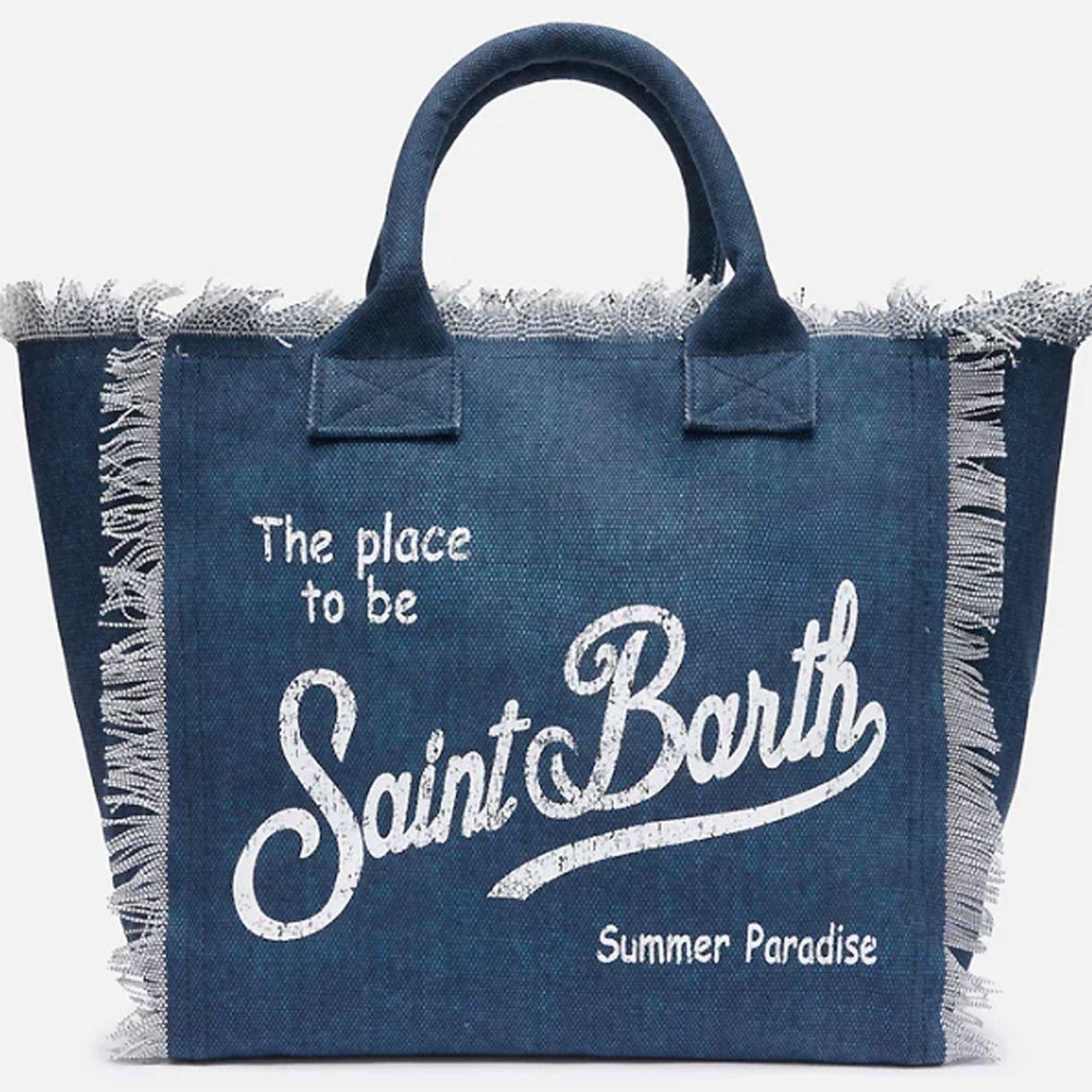 MC2 SAINT BARTH Borsa Vanity Regular Blù in Canvas con Stampa e Frange