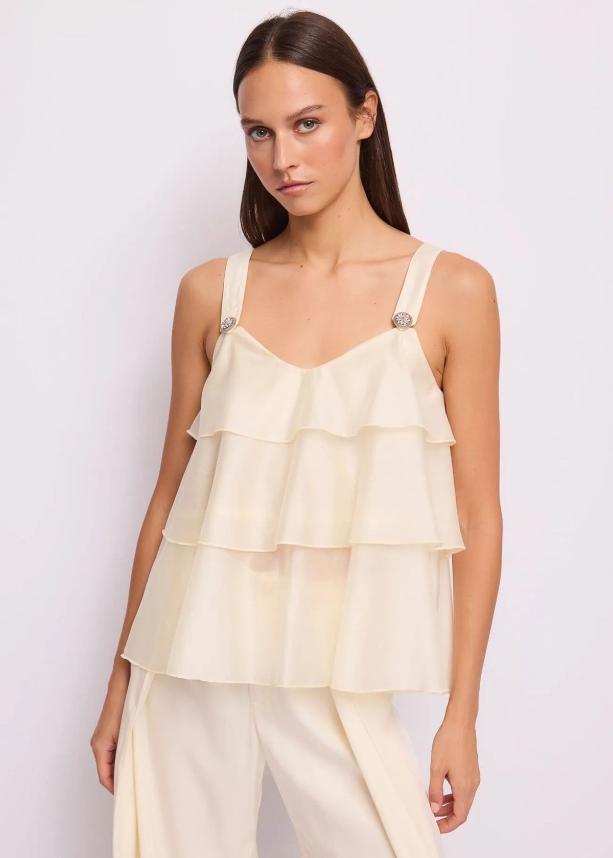 Gaudi Jeans Top Fluido a Strati dal Design Etereo Beige