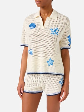 MC2 SAINT BARTH Polo Pixie in Maglia Traforata con Patch Marine Beige