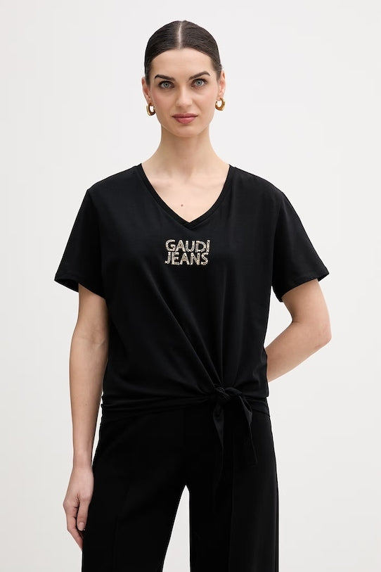 Gaudi Jeans T.shirt con Scollo a V e Logo Borchiato