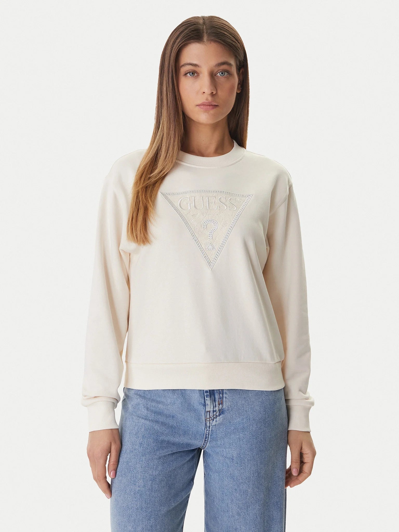 Guess Felpa Manica Lunga con Logo Beige