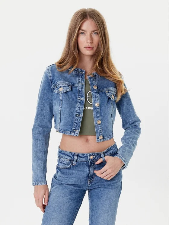 Guess Giubbotto Gemma Crop in Jeans Vestibilità Slim Blù