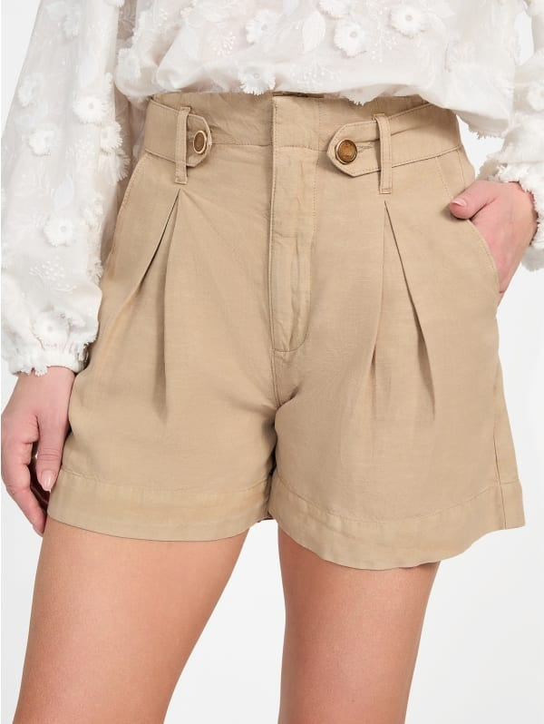 Guess Shorts con Pinces in Misto Lino Avorio