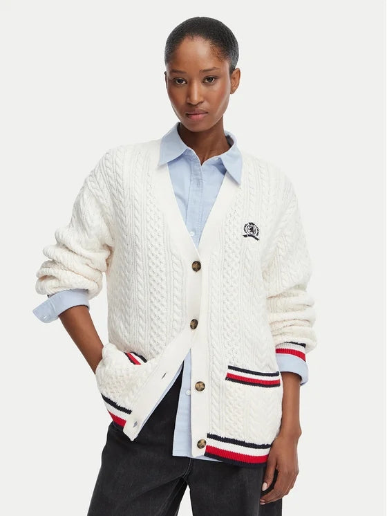 Tommy Jeans Cardigan Oversize in Maglia con Righe Global Bianco