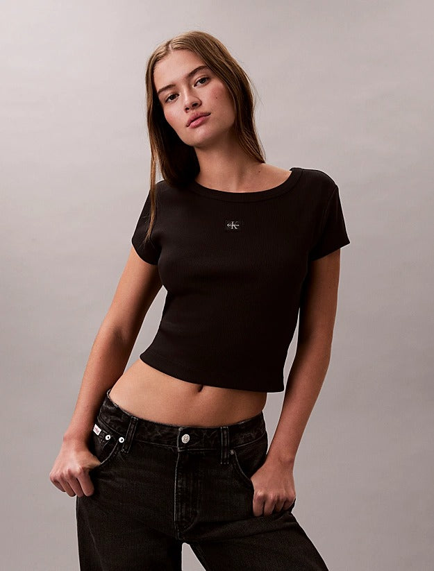 Calvin Klein T-shirt Slim in Cotone a Coste con Stemma