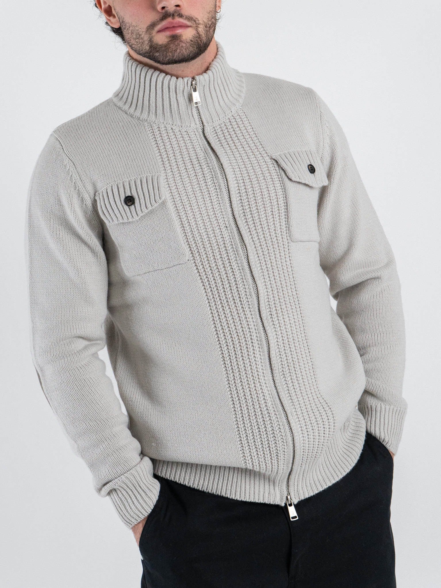 Gianni Lupo Cardigan in Maglia con Zip e Tasche Ice/Grigio Chiaro