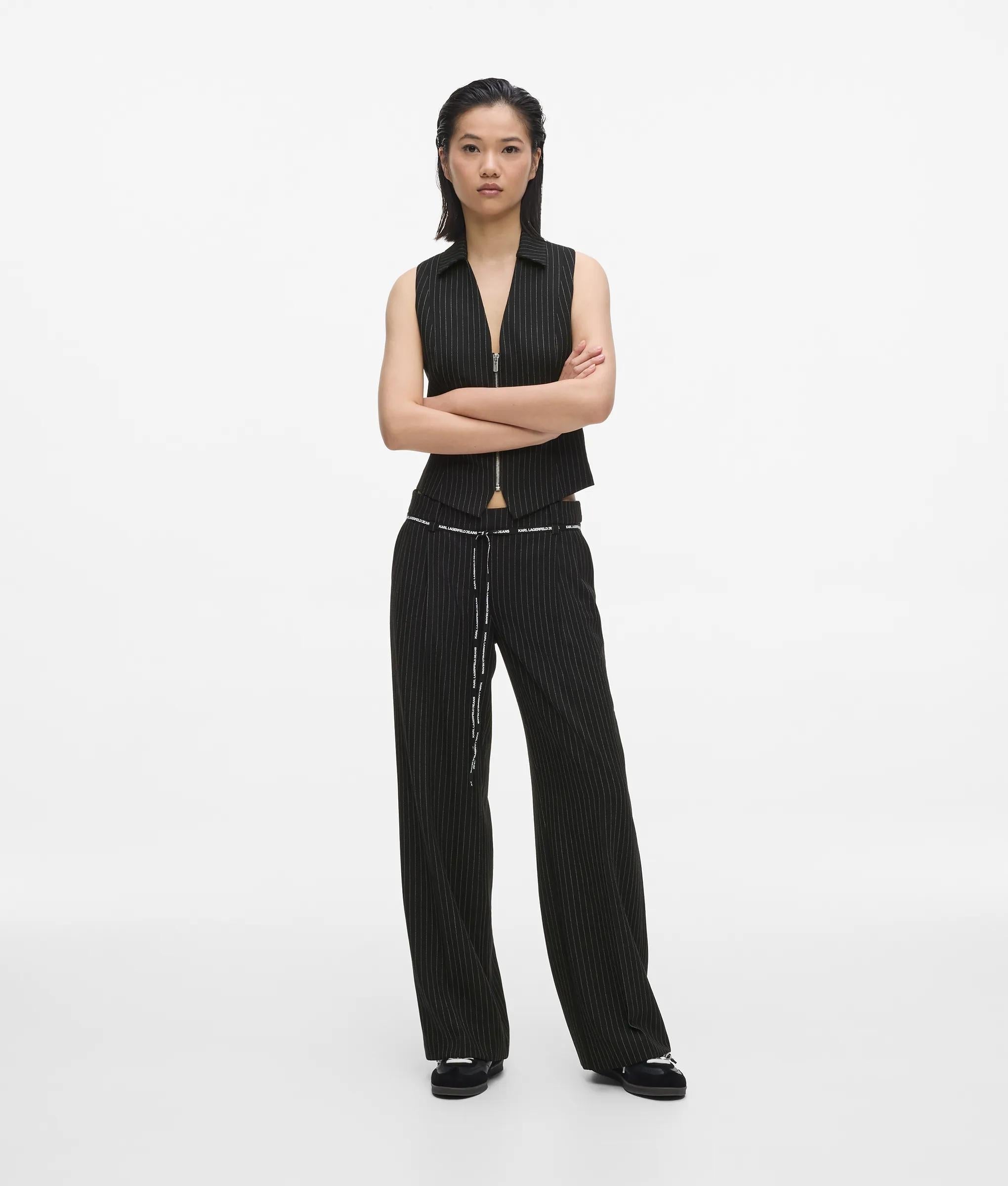 Karll Lagerfeld Jeans Pantaloni Sartoriali a Vita Media Gessati Nero