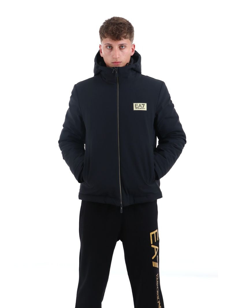 Armani EA7 Giacca con Cappuccio Gold Label in Nylon Stretch Nero