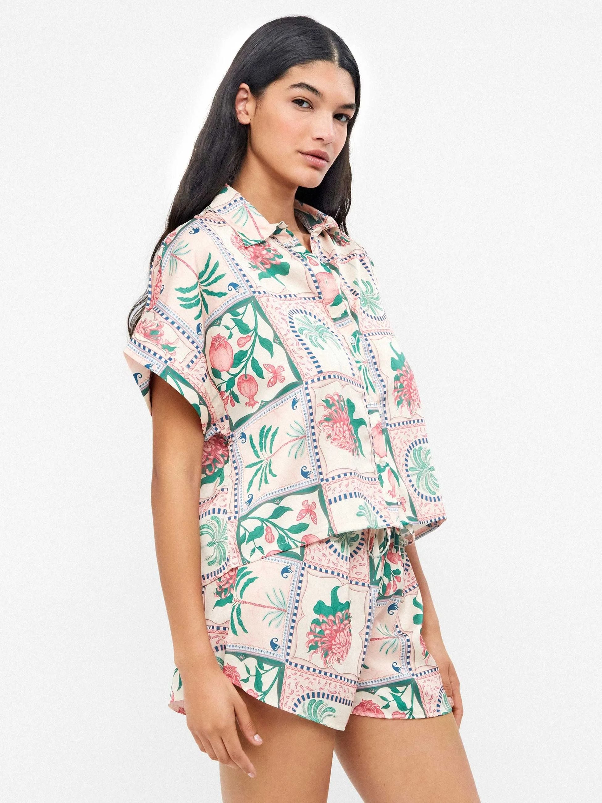 Gisela Camicia Manica Corta Satin Stampa Mosaico Floreale Tropicale Rosa