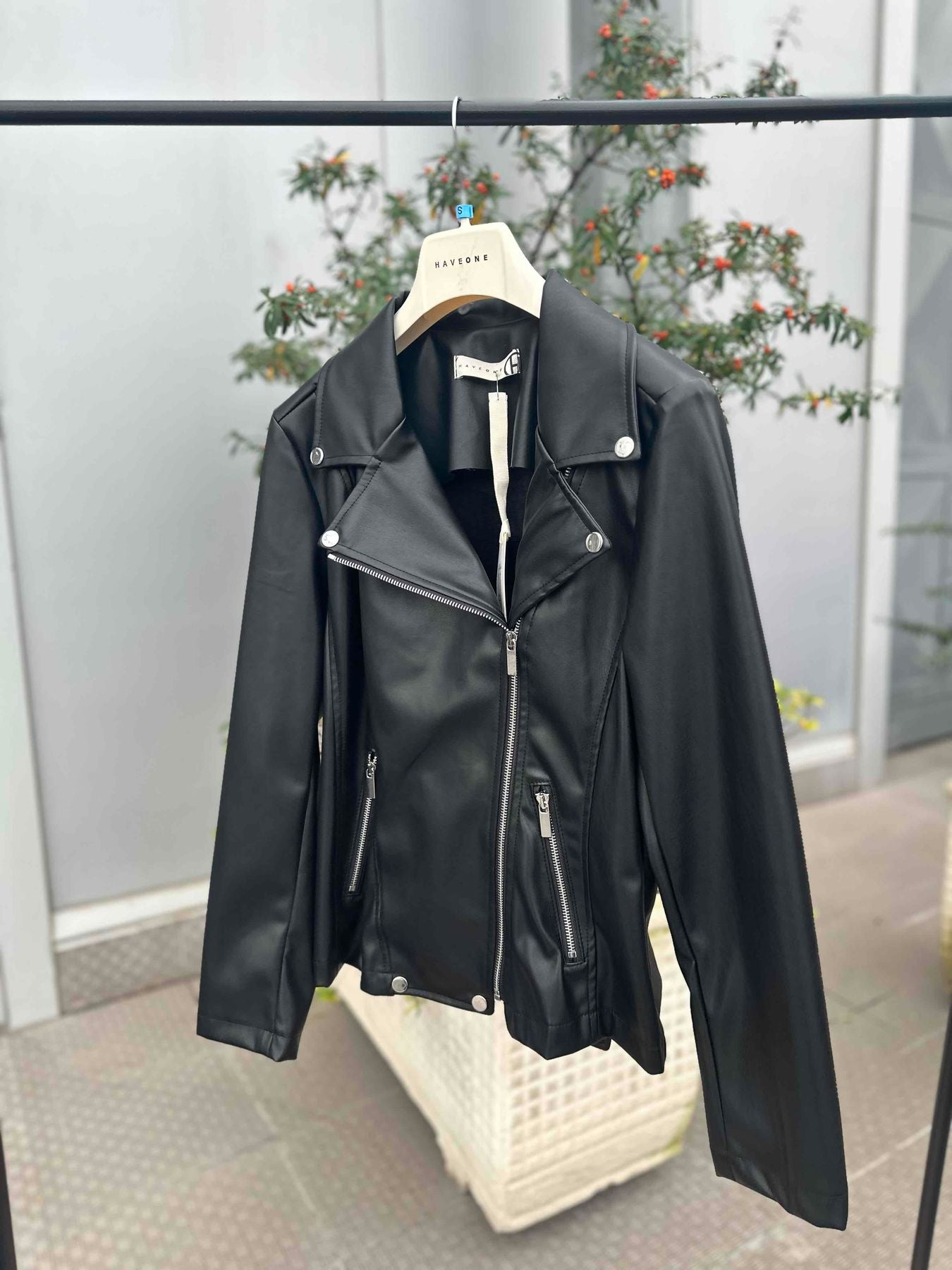 Haveone Giacca Modello Chiodo in Ecopelle Nero