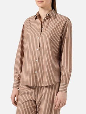Mc2 Saint Barth Camicia Meredith in Cotone a 
RIghe Marrone con Ricamo Saint Barth