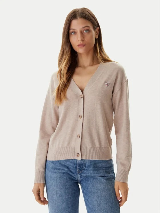 Guess Cardigan Mini Logo Triangolo Misto Lana e Seta Beige