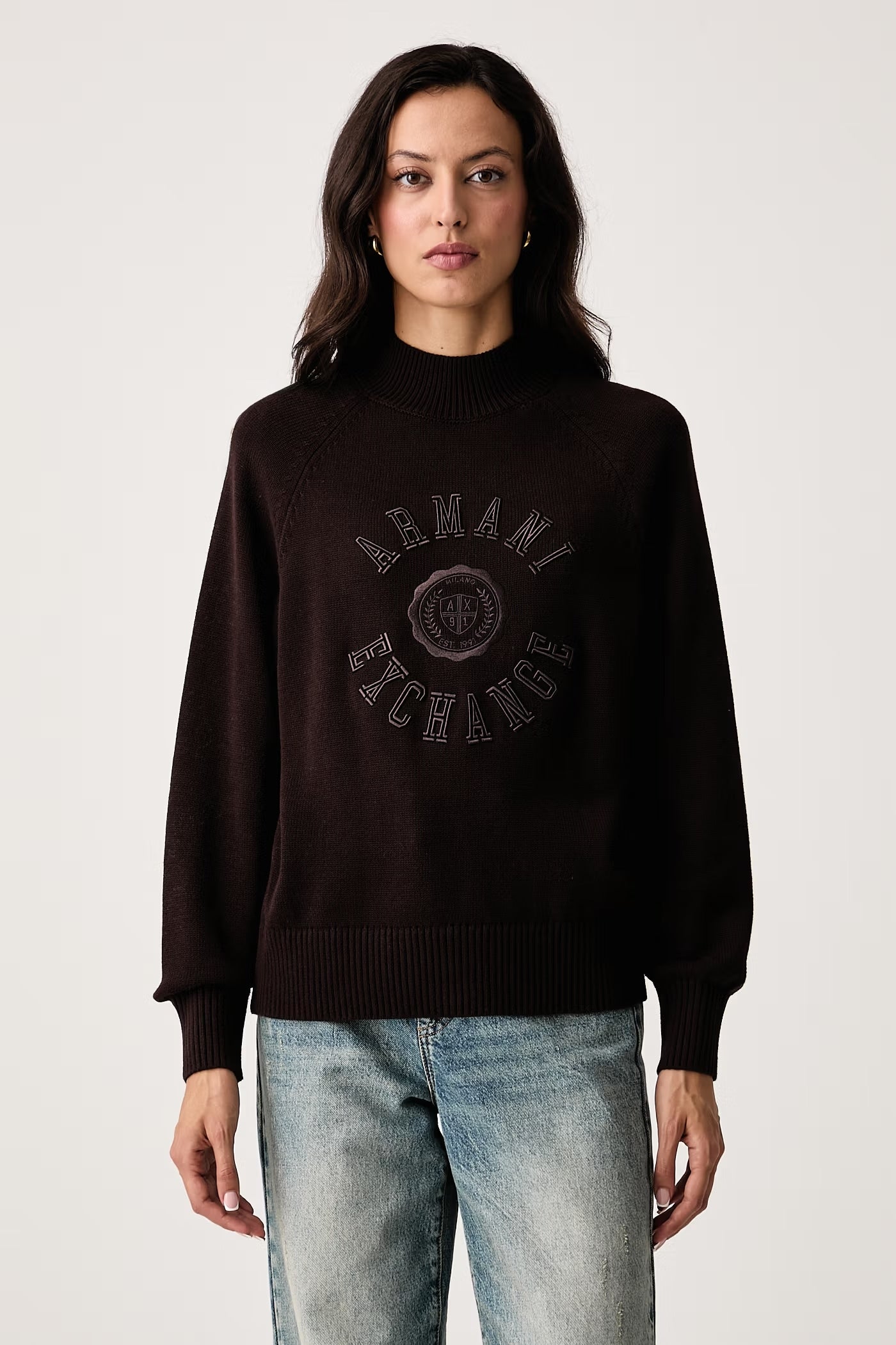 Armani Exchange Pullover Crossover Girocollo in Cotone con Logo Marrone