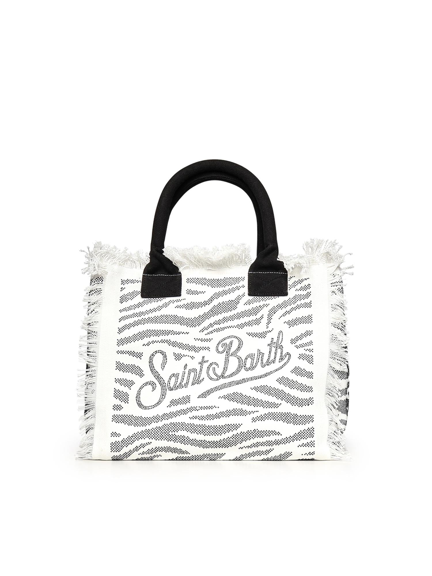 MC2 SAINT BARTH Borsa Vanity  Strass Zebra in Canvas con Frange Bianco Nero