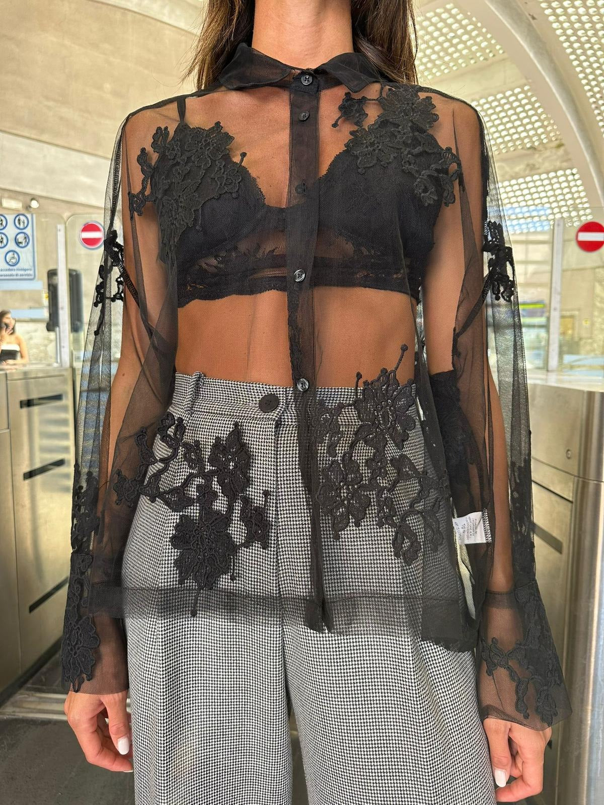 Haveone Camicia di Pizzo Trasparente Nero