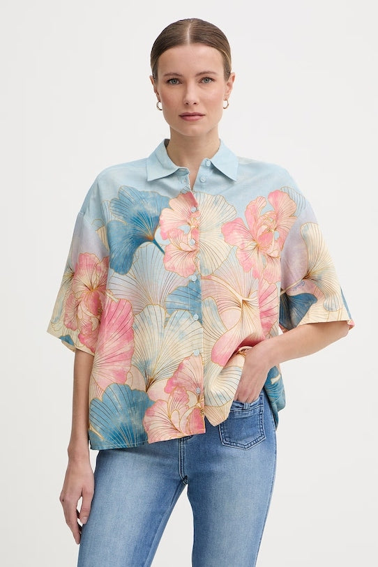 Gaudi Jeans Camicia Boxy in Tessuto Leggero con Macro Stampa Floreale
