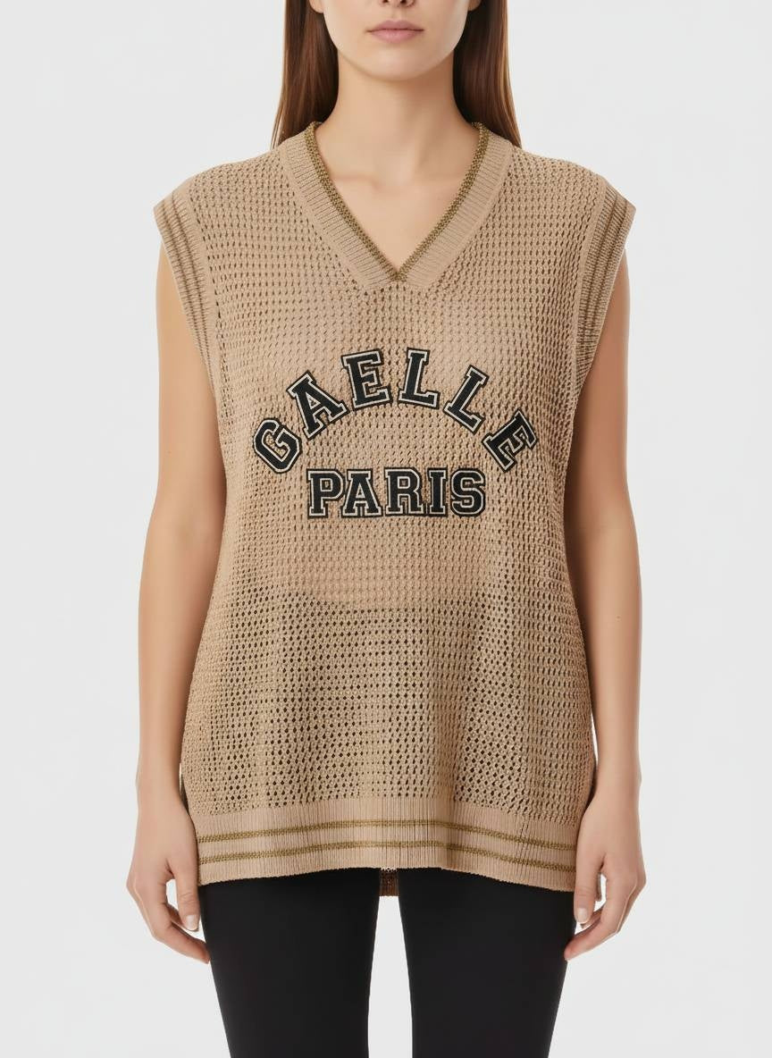 Gaelle Paris Canotta Over In Maglia con Filamenti in Lurex Beige