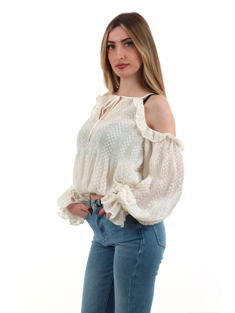 Guess Blusa in Chiffon con Spalle Scoperte Beige