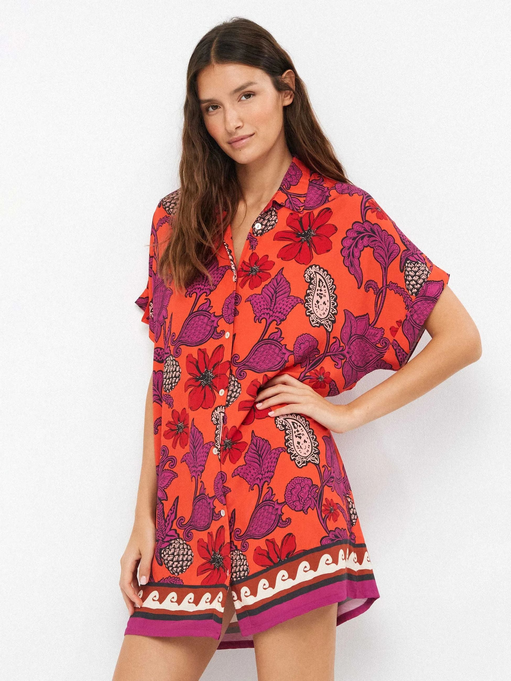 Gisela Camicia Leggera con Stampa Floreale Tropicale Arancione Viola