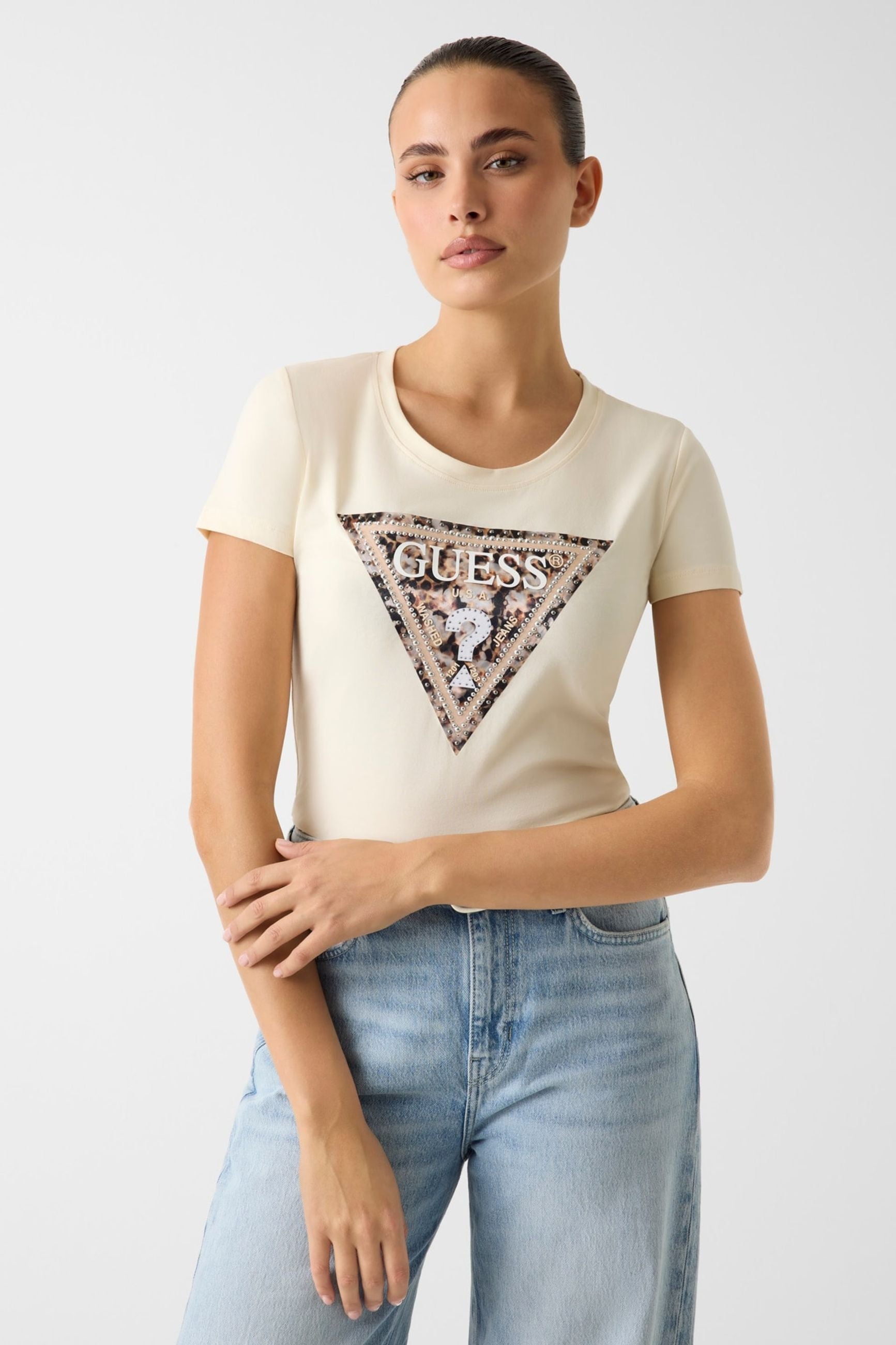 Guess T-shirt con Logo Borchiette Beige