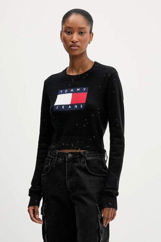 Tommy Jeans Pullover Slim Fit con Paillettes e Bandiera Nero