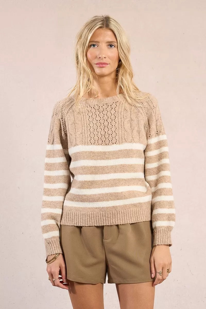 Molly Bracken Maglione Lavorato a Maglia a Righe, Busto Traforato Beige