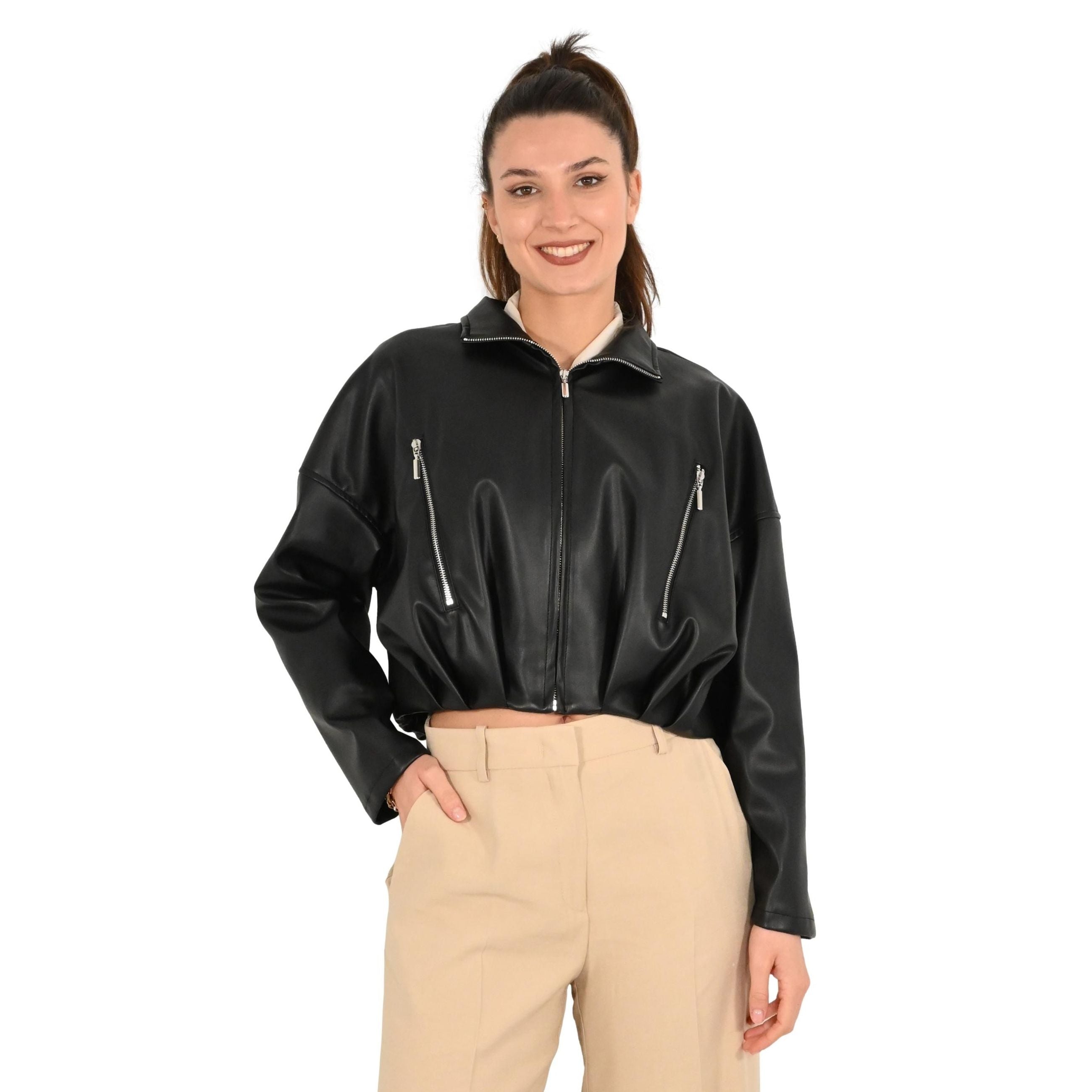 Haveone Giubbino Corto in Ecopelle Nero