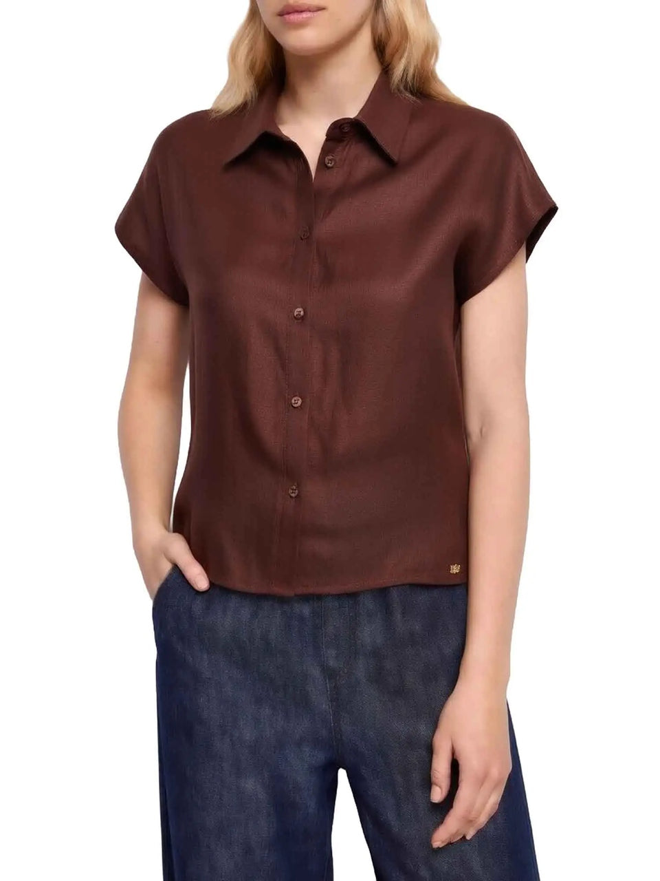 Gaudi Jeans Camicia a Maniche Corte in Tessuto dalla Texture Naturale Marrone