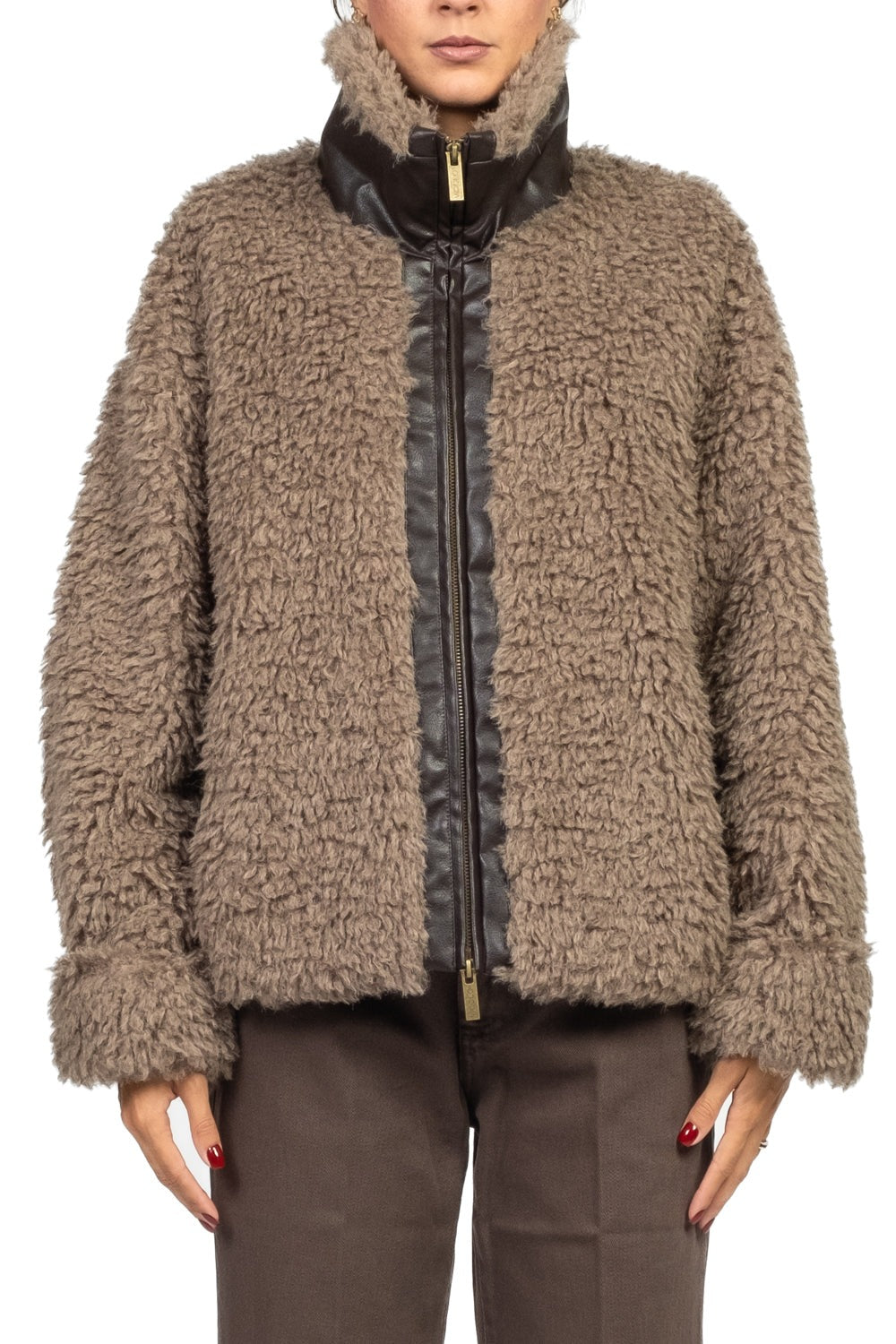Vicolo Giacca teddy intarsi ecopelle Marrone