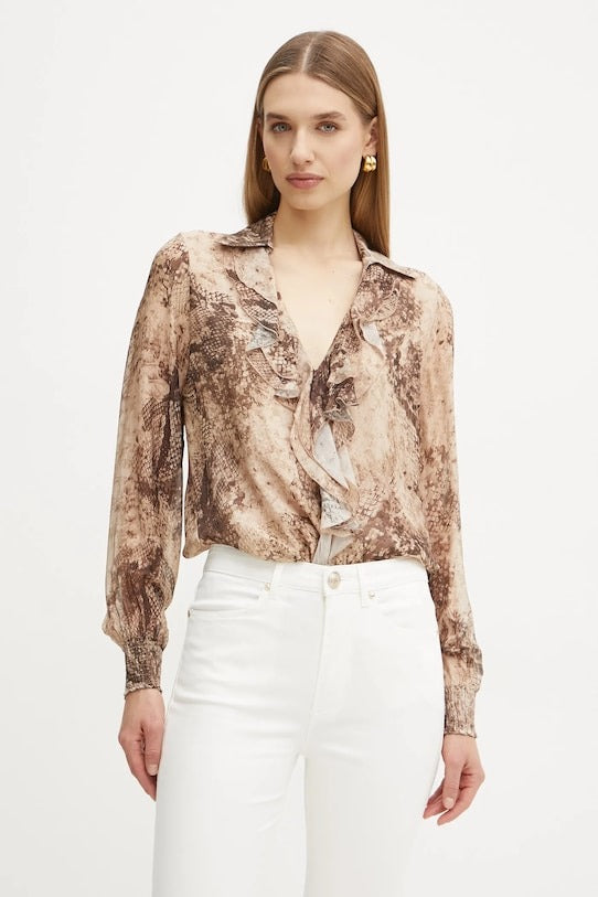 Guess Camicia in Misto Seta Beige Marrone