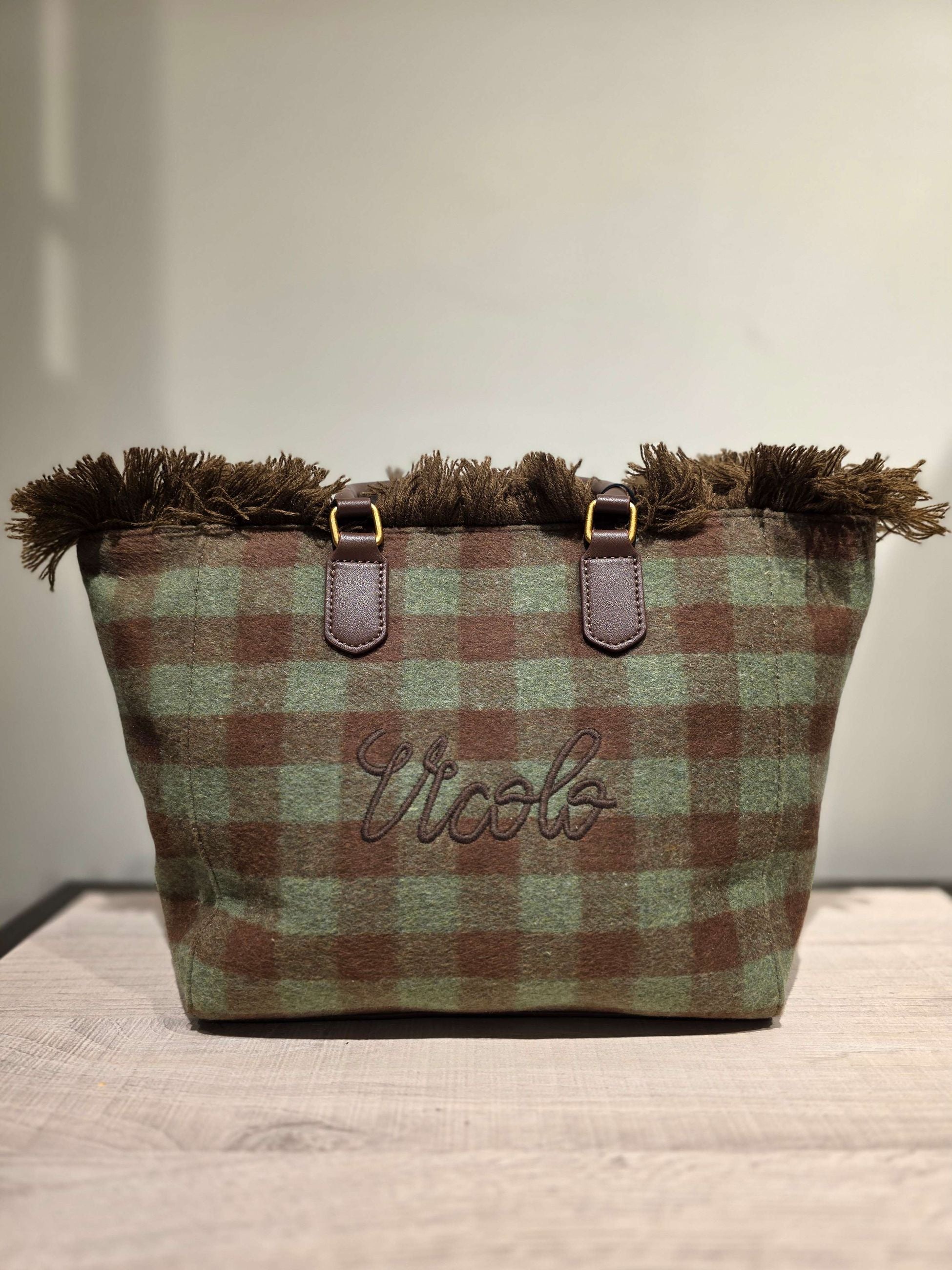 Vicolo Borsa Vanity a Mano a Quadri con Frange Menta