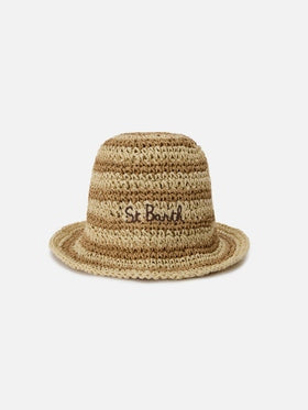 Saint Barth Cappellino Polly Bucket Hat a Righe Beige e Marrone con Logo Ricamato