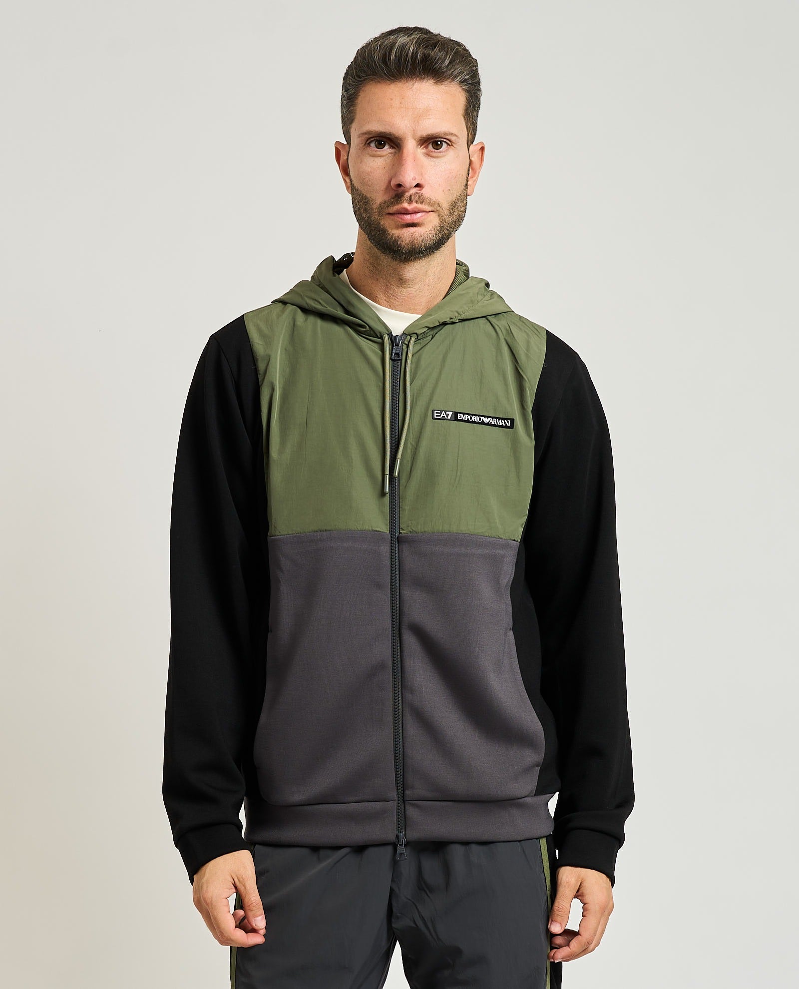 Armani EA7 Felpa Cappuccio Athletic Colour Block in Nylon e Misto Viscosa Verde