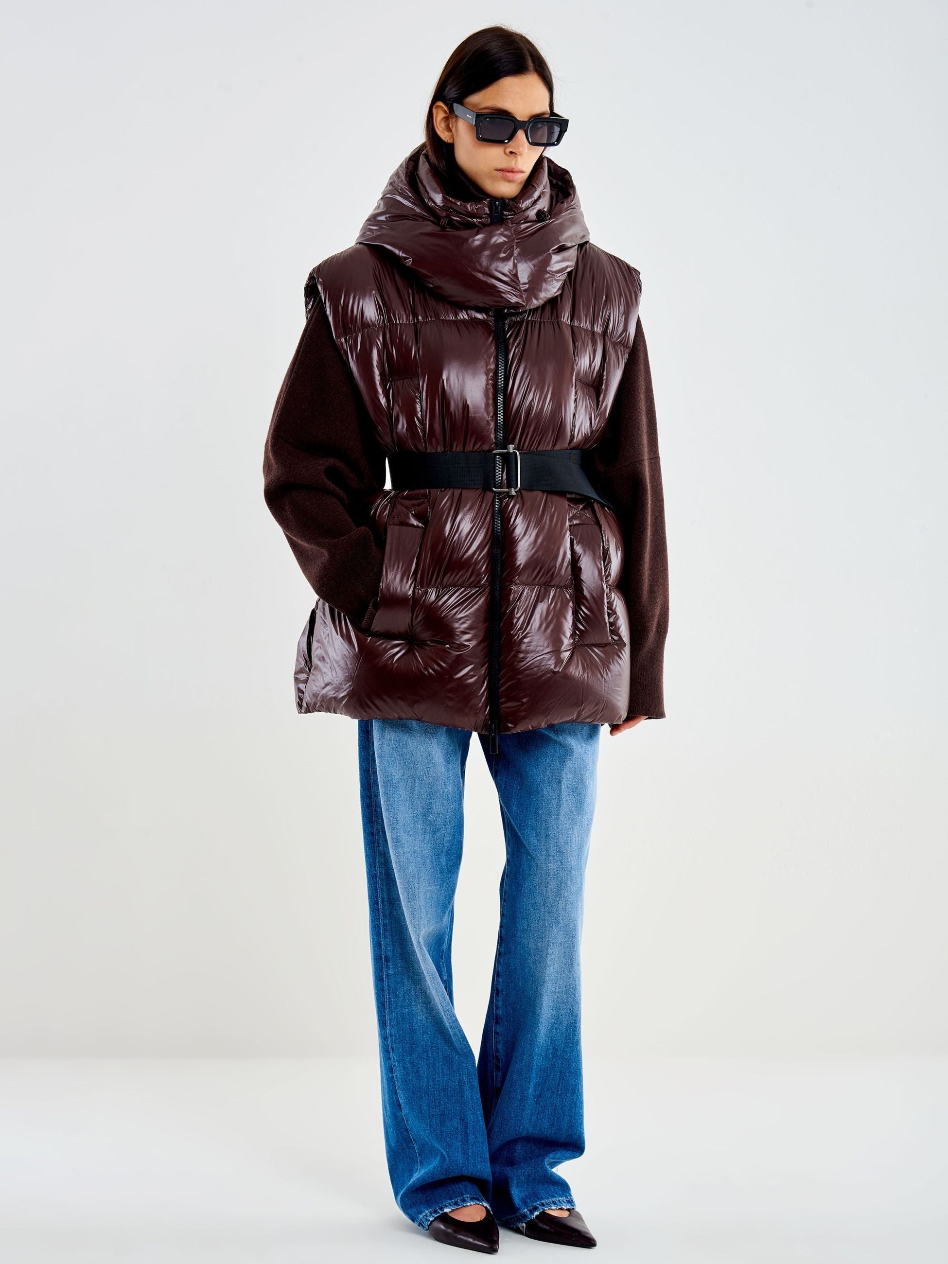 Vicolo Gilet Piumino con Cintura Marrone