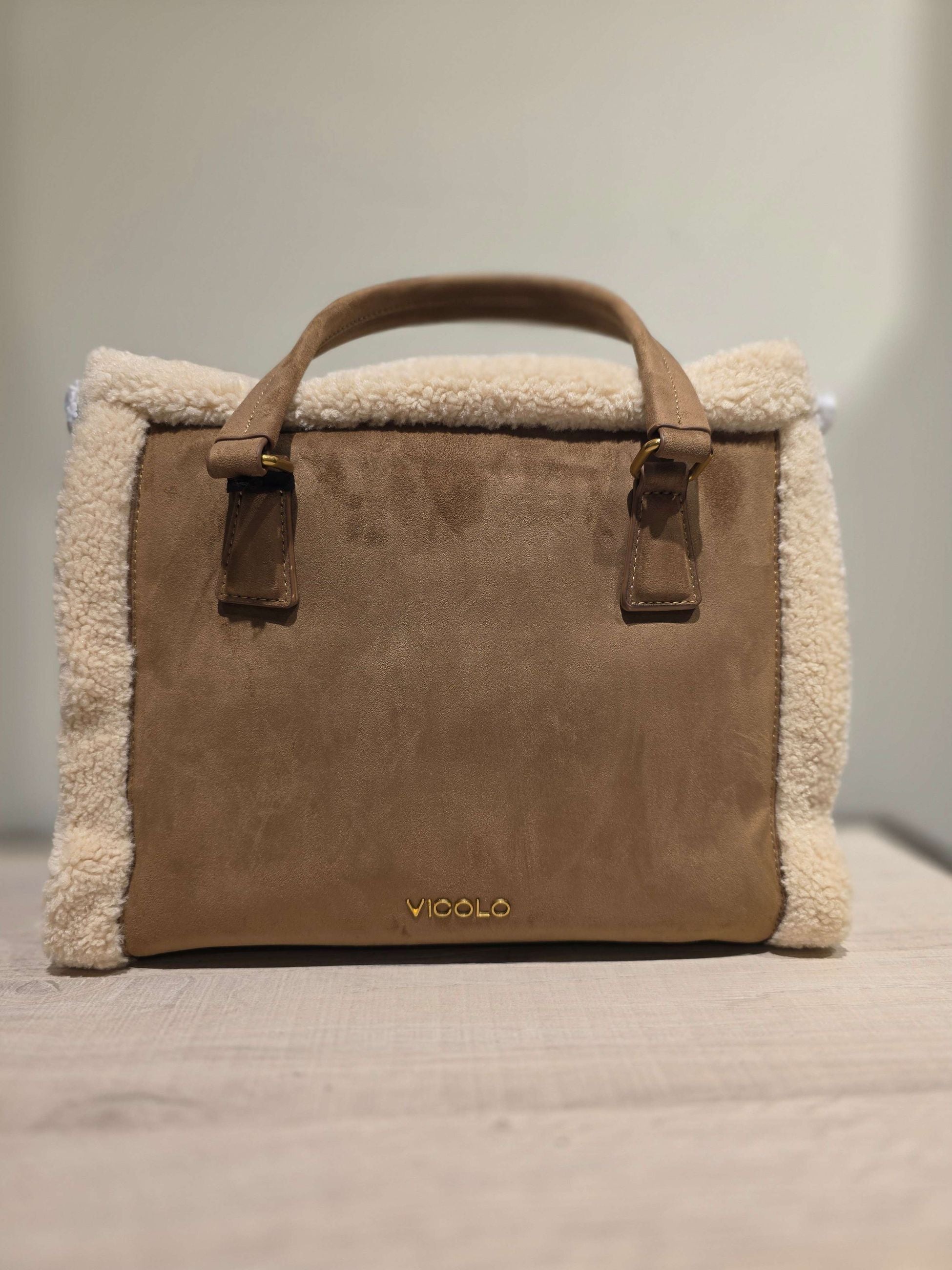Vicolo Borsa Vanity Medium in Camoscio con Profili Shearling Marrone