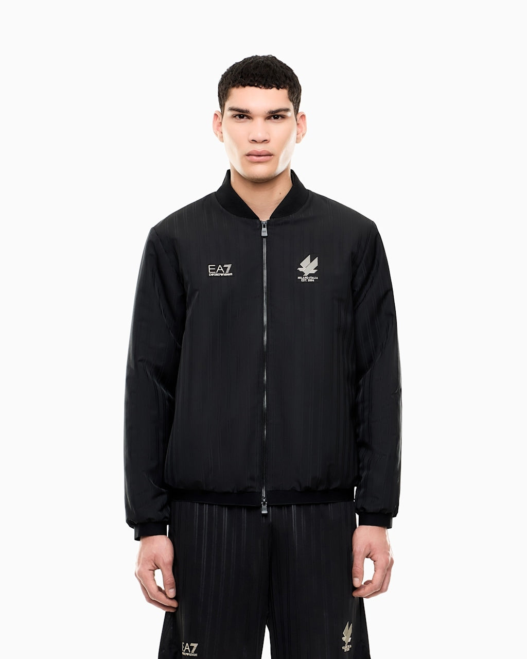 Armani EA7 Bomber Soccer a Righe con Cerniera e Bordi a Costine Nero