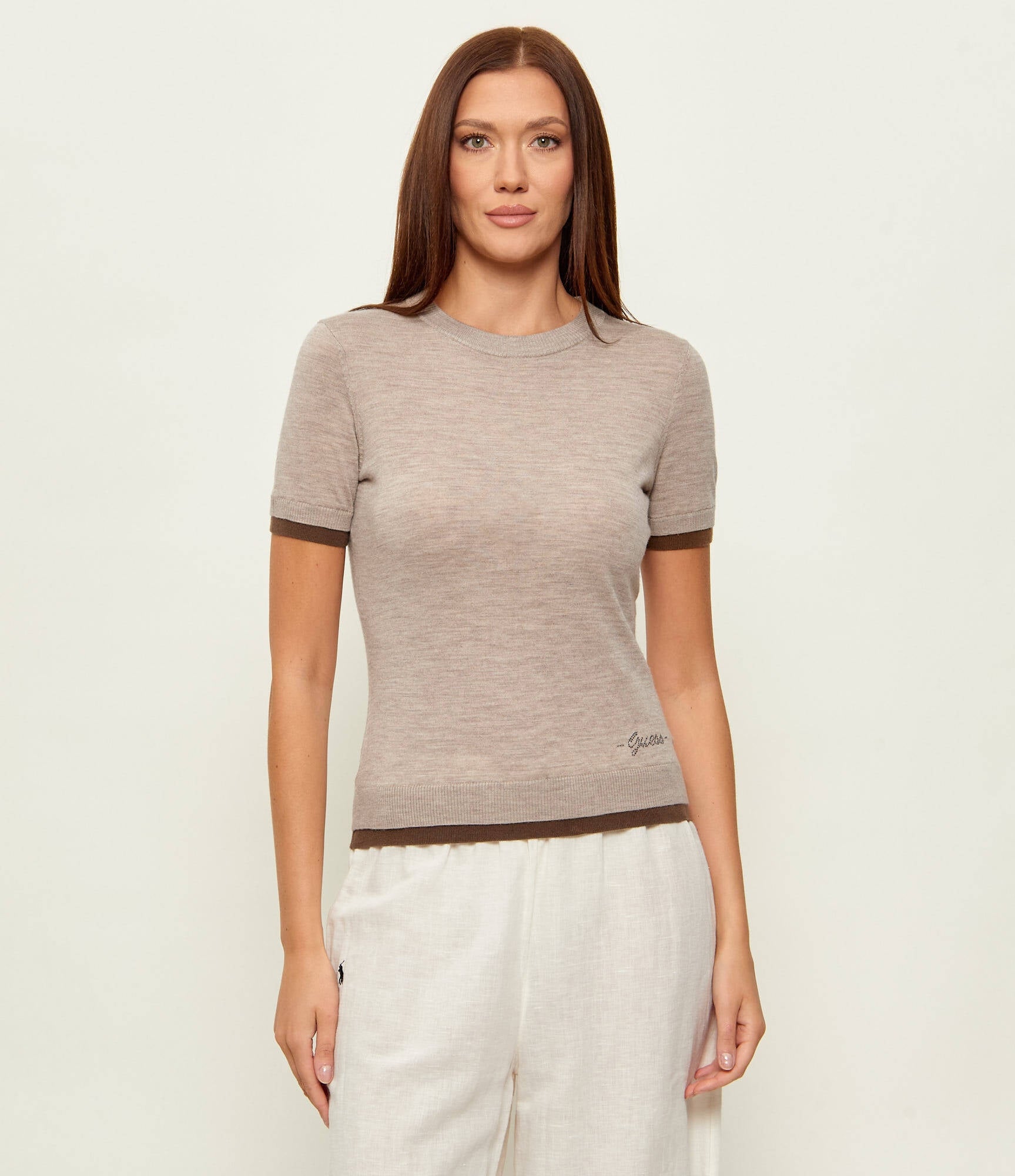Guess T-shirt Top in Maglia con Bordi a Contrasto Beige