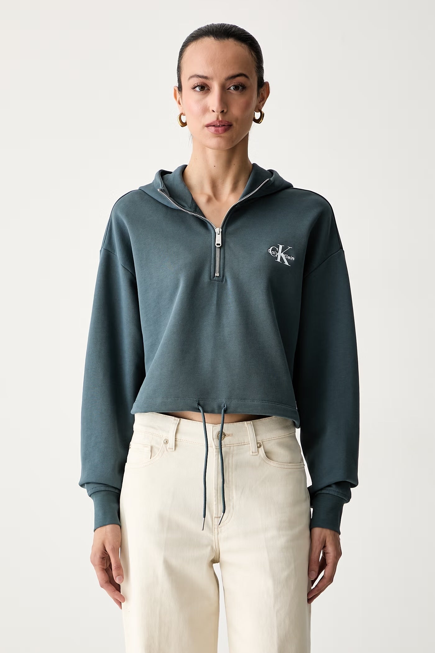 Calvin Klein Felpa con Cappuccio Cropped in Spugna con Monologo Verde