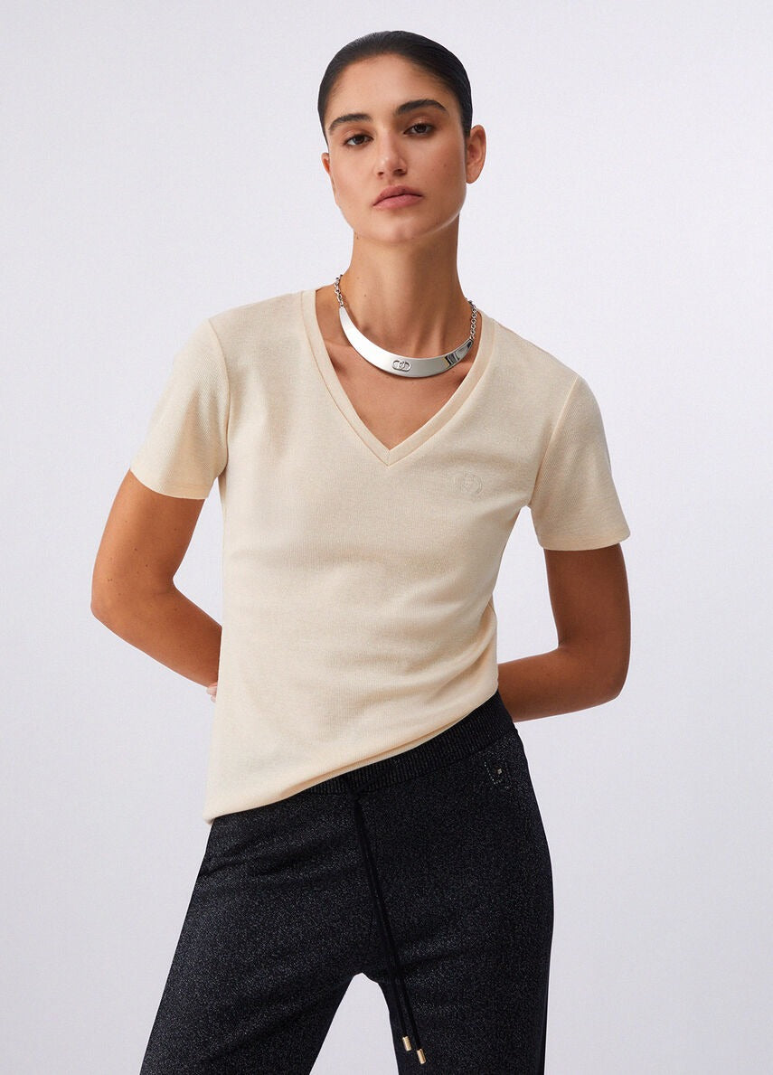 Liu Jo T-shirt Manica Corta con Scollo a V e Logo