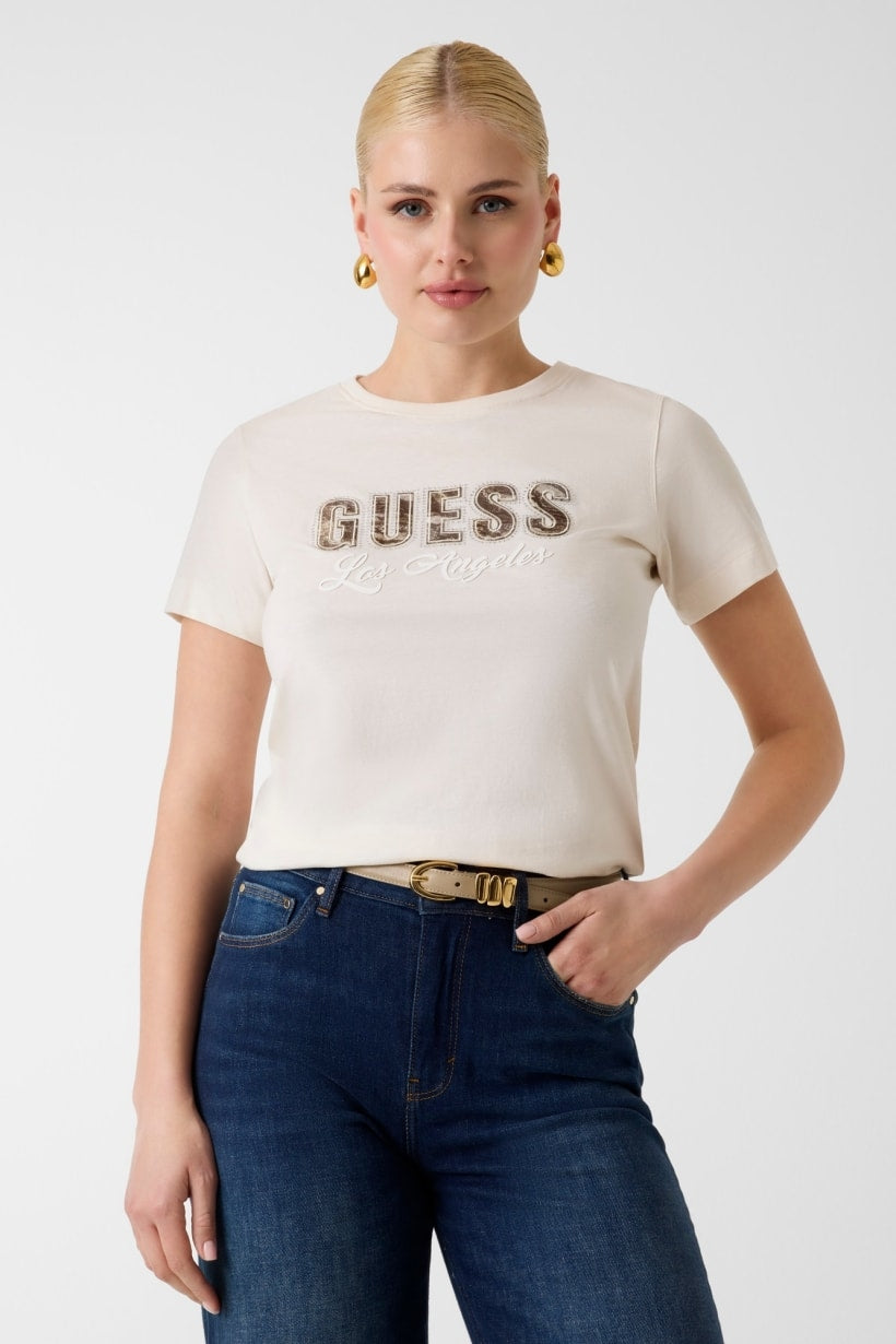 Guess T-shirt con Logo Stampato Beige