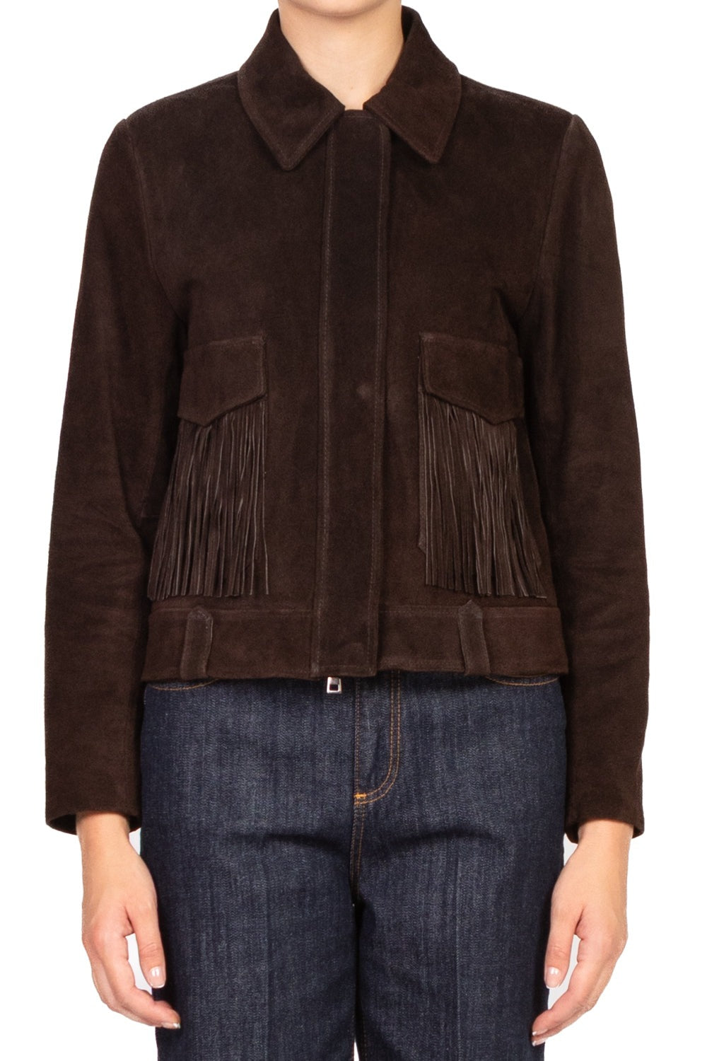 VICOLO Giacca in Crosta con Frange Marrone
