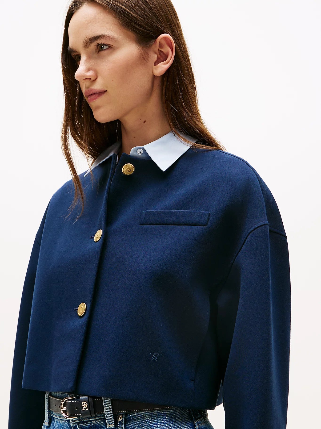 Tommy Hilfiger Blazer Crop Senza Colletto con Bottoni Dorati Blù