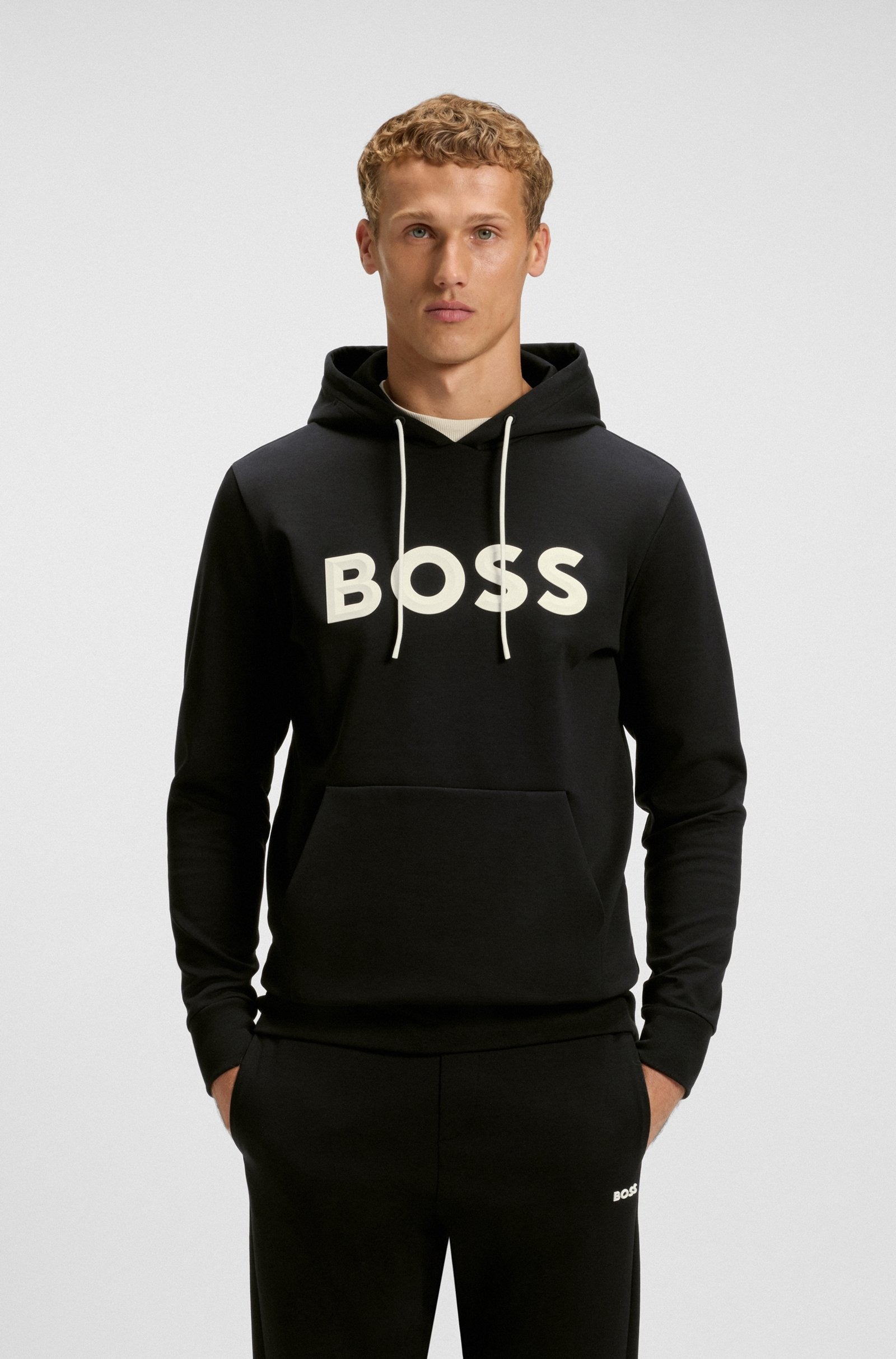 Hugo Boss Felpa con Cappuccio in Misto Cotone con Logo Sagomato