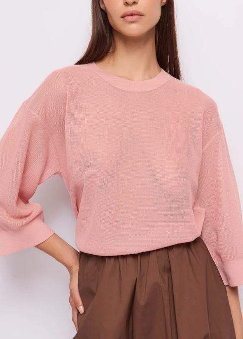 Gaudi Jeans Maglia a Girocollo in Filato Leggero con Maniche a Tre Quarti Rosa
