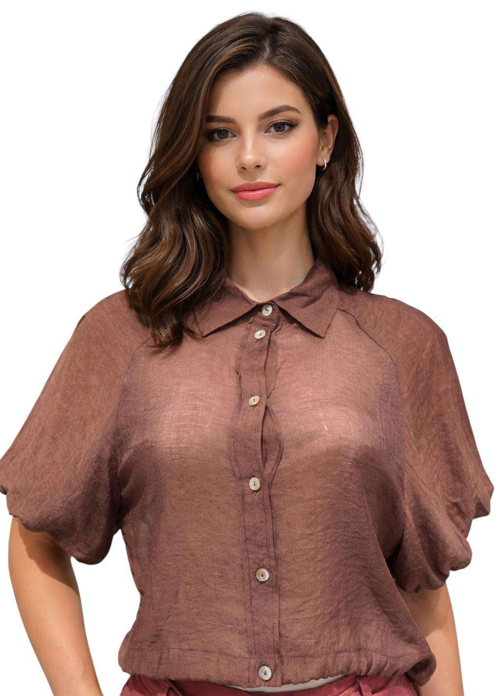 Markup Camicia in Lino con Maniche a Sbuffo Marrone